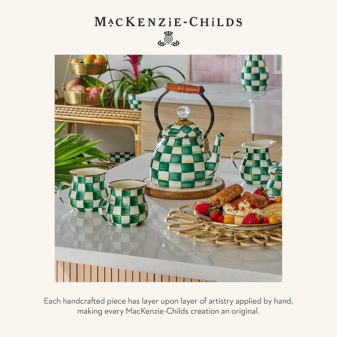 MACKENZIE-CHILDS Small Kitchen Canister, Decorative Glass Storage Jar with Lid, Green-and-White Emerald Check