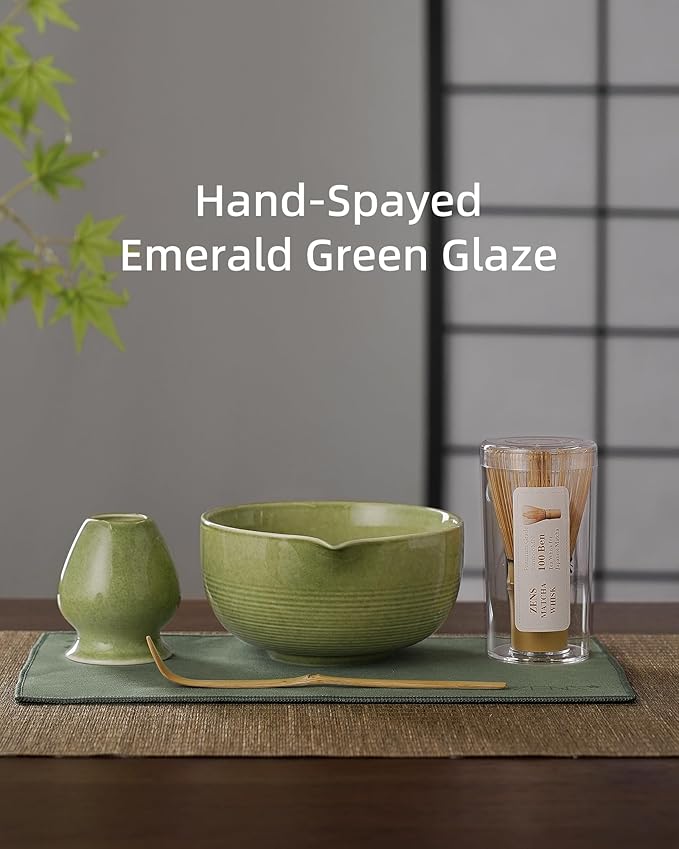 ZENS Matcha Whisk Set, 5pcs Matcha Kit Set Includes Ceramic Bowl, Handcrafted Bamboo Whisk and Chasen Holder, Scoop & Tea Mat, Matcha Tea Ceremony Gift for Matcha Lovers, Emerald Green