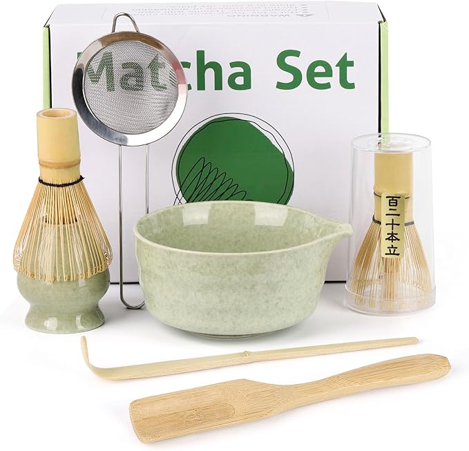 6Pcs Matcha Whisk Set With Bamboo Whisk(120-Prong) and Ceramics Holders and Bowl,Scoop,Stainless Steel Sifter for Women Christmas Birthday Gifts