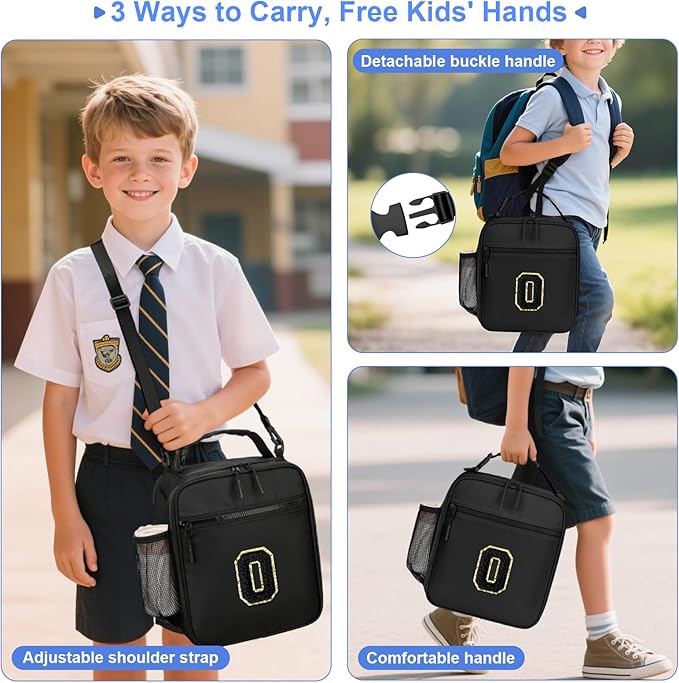 Initial Insulated Lunch Bag for Boys Kids, Back to School Gift, Reusable Leak-proof Lunch Box with Adjustable Strap for School Daycare Travel Picnic（Black，O）