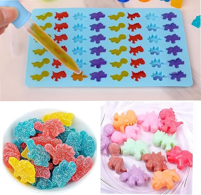 Mini Silicone Gummy Bear Molds (0.7 Inch Bite-Sized) - Non-Stick Chocolate & Candy Mold for Kids, Includes Dinosaur, Bear, Hearts & Donut Shapes (201 Cavities) - 4 Pieces + 3 Droppers By ENBRWAS