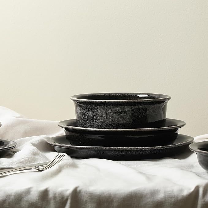 Stone Lain Slate 12-Piece Dinnerware Set Stoneware, Plates and Bowls Set, Dishwasher and Microwave Safe, Dish Set for 4, Black