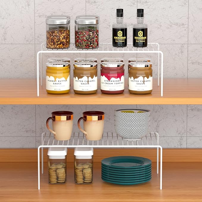 Kitchen Cabinet Shelf Organizer Set of 5, Large (15.7 x 9.4 inch) Metal Wire Pantry Storage Shelves, Dish Plate Racks for Cabinets, Freezer, Counter, Cupboard Organizers and Storage, White