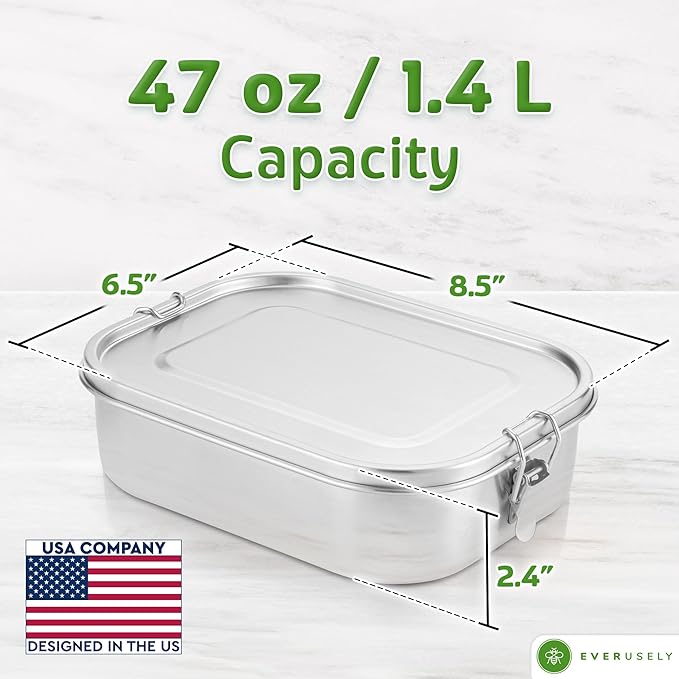 Everusely - Bento Box - Stainless Steel Lunch Box for Adults - 47 oz, 1.4 L - 5 Compartment Snack Container with Removable Silicone Seal & Secure Lock Clips - Leakproof & Dishwasher Safe