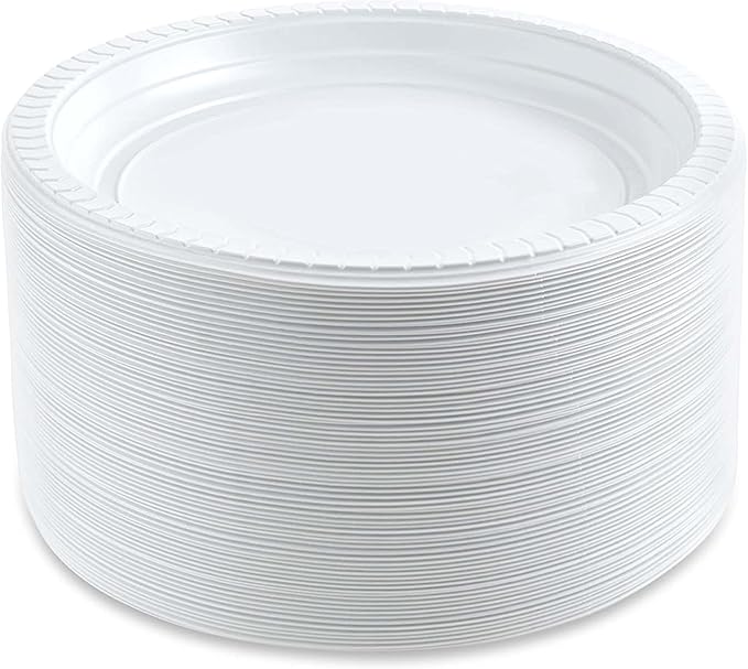 PLASTICPRO Round Plastic Plates And Bowls Microwaveable, Disposable, White, Dinnerware (800, 7'' Inch Plates)