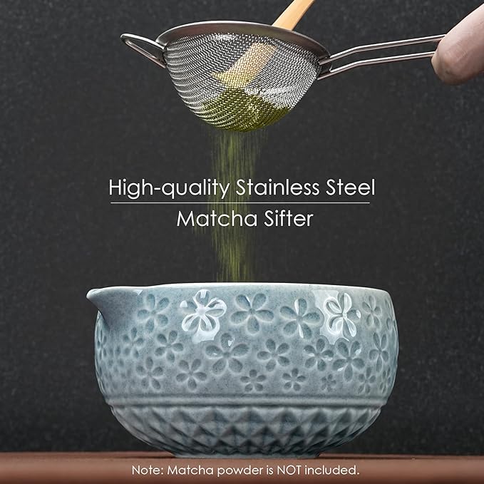 7Pcs Matcha Whisk Set, Ceramic Matcha Bowl with Spout,Bamboo Whisk and Holder, Bamboo Scoop,Scoop Rest,Sifter and Tea Towel,Matcha Kit w/Cherry Blossom Carved Pattern (Blue)
