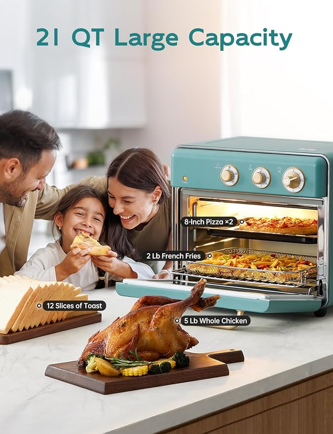 Neretva [21 QT& 6-in-1] Toaster Oven & Air Fryer, Compact Toaster Ovens Countertop with 5 Slices 1500W Rapid Heat Air Fryer Toaster Oven Combo Stainless Steel for Bake/Toast/Broil/Air Fryer/Defrost