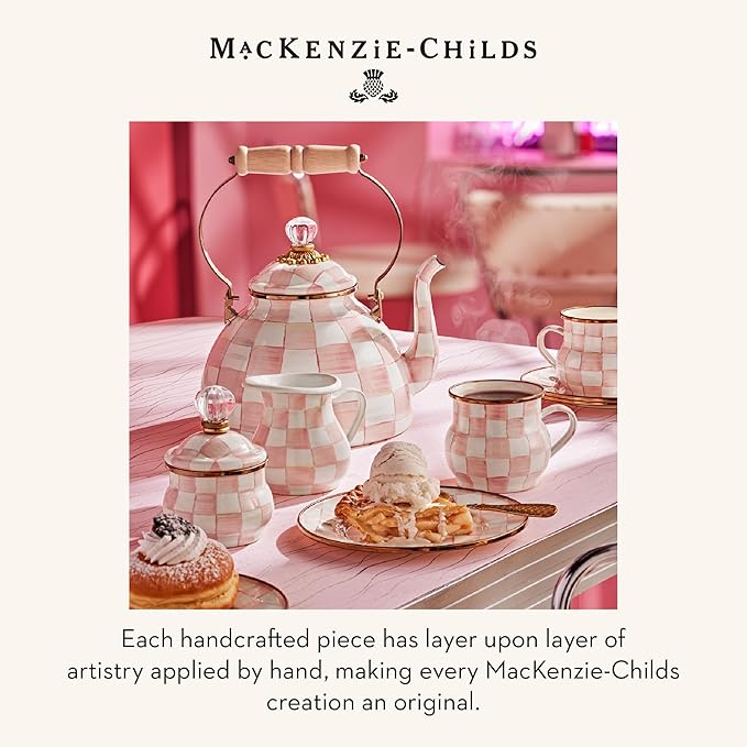 MACKENZIE-CHILDS Enamel Measuring Cup, Cute Measuring Cup with Pour Spout, 7-Cup Capacity, Pink-and-White Rosy Check