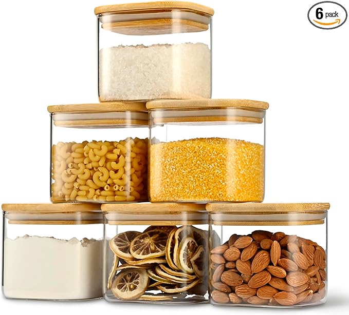 22oz Airtight Square Spice Containers with Bamboo Lid Set of 6 (650ml) Kitchen Pantry Organization Jar Stackable Spice Jar, for Sugar, Tea, Cookies and Coffee beans (‎with Black Lable)