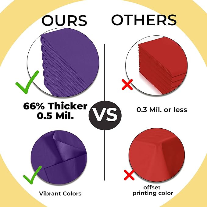 Exquisite 66% Thicker Premium Plastic Table Cloth Rectangle Table Cover 0.5 Mil 6 Pack Purple Table Cloth 54 Inch x 108 Inch Disposable Tablecloth Won't Tear Easily Like Cheap Thin Brands