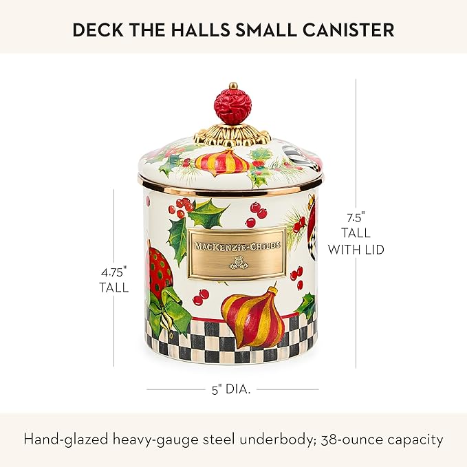 MACKENZIE-CHILDS Enamel Canister, Kitchen Storage Container with Lid, Small, Deck The Halls