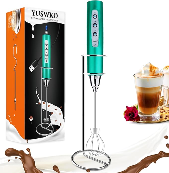 YUSWKO Handheld Milk Frother for Coffee, Rechargeable Drink Mixer with 3 Heads 3 Speeds Electric Coffee Frother For Latte, Cappuccino, Hot Chocolate, Egg