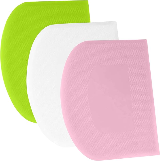 SURDOCA Dough Scraper Bench Scraper - 3P 4.7x3.7" Plastic Flexible Bowl Scraper, Sharp Edge & Angles Cake Scraper. Non-Slip Bakeware Decorating Tools Sculpting & Modeling Tools - Pink+White+Green