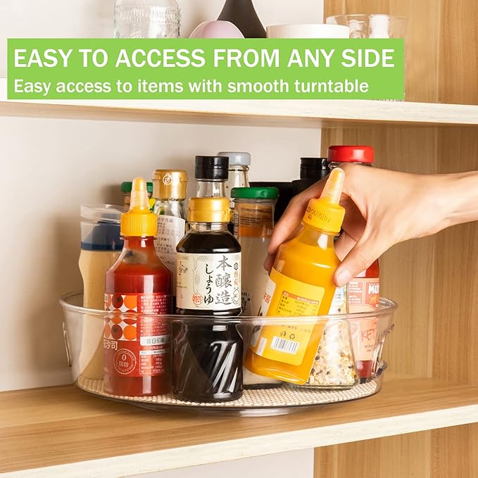 2 Pack Lazy Susan Cabinet Organizer with Handle 12 inch, Clear Spinning Lazy Susan Turntable for Pantry, Kitchen Sink, Corner Cabinet, Bathroom, Countertop, Non-Skid Liners Included, Free Rotating