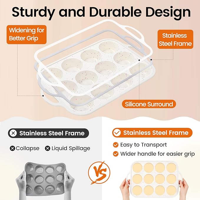 Silicone Muffin Pans for Baking with Metal Reinforced Frame 2 Pack with 24 Pack Individual Cupcake Containers, Nonstick Silicone Cupcake Pan for Baking Homemade Muffins, Dishwasher Safe BPA Free