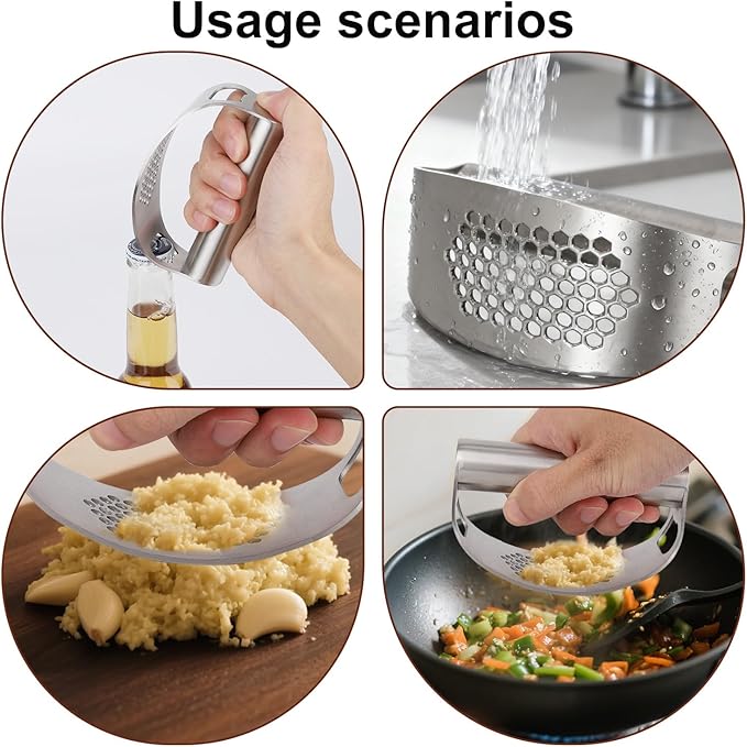 Stainless Steel Hand Garlic Presser Set, Hand Garlic Press with Plastic Peeler Tube and Brush Ginger Crusher Supplies for Kitchen Vegetable Processing Tools