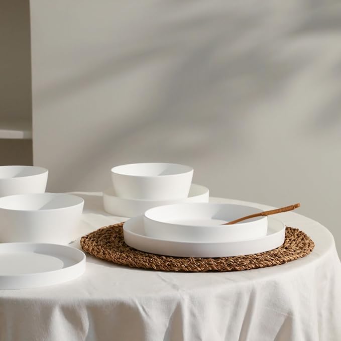 Stone Lain Fosca 32-Piece Dinnerware Set Bone China, Plates and Bowls Sets, Pasta Bowls, Dish Set for 8, Matte White