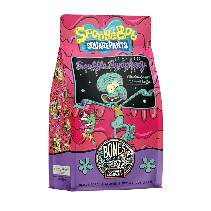 Bones Coffee Company Spongebob Soufflé Symphony, Chocolate Soufflé Flavored Ground Coffee Beans, Low Acid Medium Roast Arabica Beans Flavored Coffee, 12 oz Ground