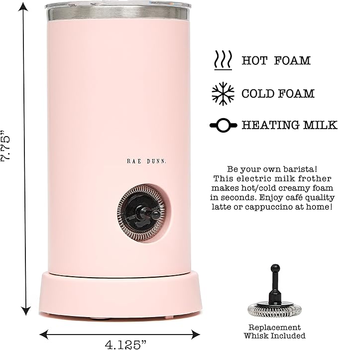 Rae Dunn Electric Milk Frother Steamer -Stylish Automatic Milk Steamer and Frother, Milk Warmer, Hot and Cold Foam Maker for Coffee, Latte, Cappuccino, Macchiato - 550 Watt (Blush)