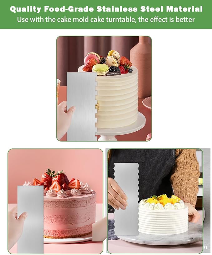 3PCS Stainless Steel Cake Scraper Set, Icing Scraper & Icing Smoother for Cake Decorating, Frosting Scraper Tools, Alisador de Pasteles for Buttercream & Baking