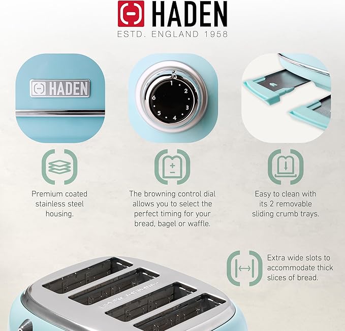 Haden Heritage 4 Slice Wide Slot Stainless Steel Toaster Bundled with 1.7 Liter Stainless Steel Electric Water Kettle, Turquoise & Chrome
