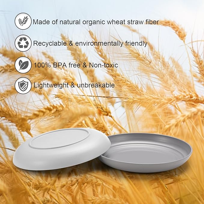 12 Pcs Unbreakable Deep Dessert Plates Set, 8 inch Reusable Plastic Wheat Straw Plates, Microwave and Dishwasher Safe Plate for Kitchen, Lightweight Plate for Dessert, BPA Free, Gray
