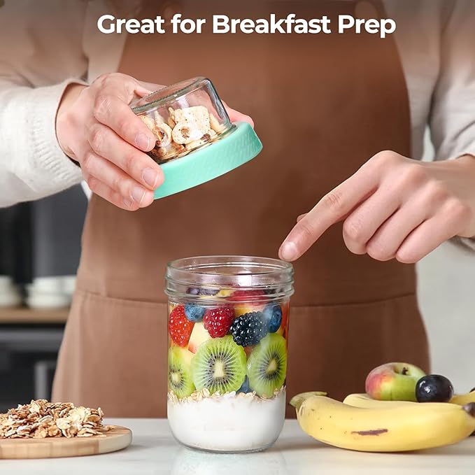 ComSaf Overnight Oats Containers with Lids (16oz+4oz, 2Pcs), Dual-Laryer Chia Pudding Jars with Dry and Wet Separation, Yogurt Parfait Cups for Oatmeal Cereal Nut Fruit, Meal Prep Glass Jars for Salad