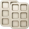 Beasea Mini Brownie Pan, 2 Pack 6 Cavity Gold Square Inidividual Brownie Muffin Cake Cutter Pan Mini Cheesecake Cupcake Bakeware Carbon Steel Brownie Baking Tray Bakeware for Oven Baking