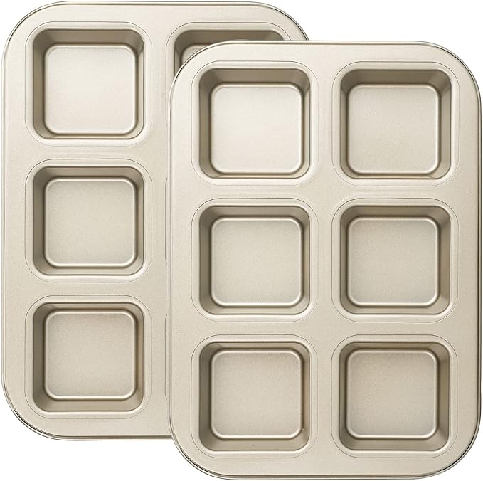Beasea Mini Brownie Pan, 2 Pack 6 Cavity Gold Square Inidividual Brownie Muffin Cake Cutter Pan Mini Cheesecake Cupcake Bakeware Carbon Steel Brownie Baking Tray Bakeware for Oven Baking