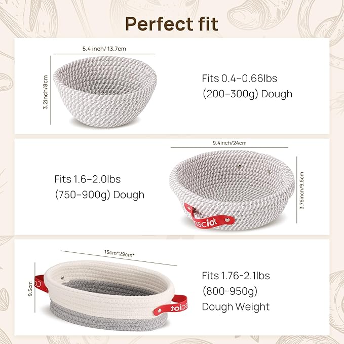 Sourdough Starter Kit Mixed Sizes, Consciot Cotton Rope Bread Proofing Basket Set, Sourdough Bread Baking Supplies, Round & Oval Bread Baskets With Liners & Covers, Gift for Bakers Women Kids Family