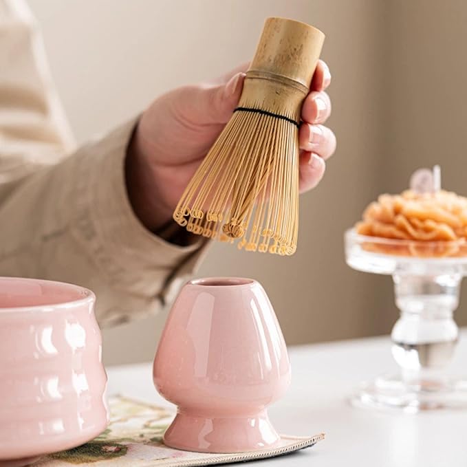 Pink Matcha Whisk Set 5pcs Matcha Set With A Bowl, Mini Whisk And Holder, Bamboo Scoop And Stainless Steel Sifter Perfect Matcha Kit For Gifts