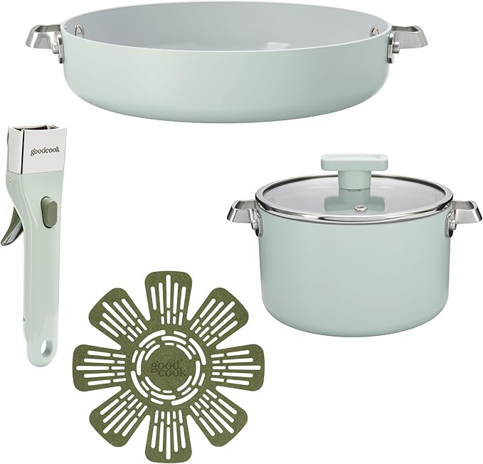 GoodCook Ceramic Cookware Set, Made without PFAS, PTFE, PFOA, Lead & Cadmium, Induction Compatible, Nonstick and Oven Safe with Removable Handle and 9.5-Inch Frypan, 5-Piece, Sage Green