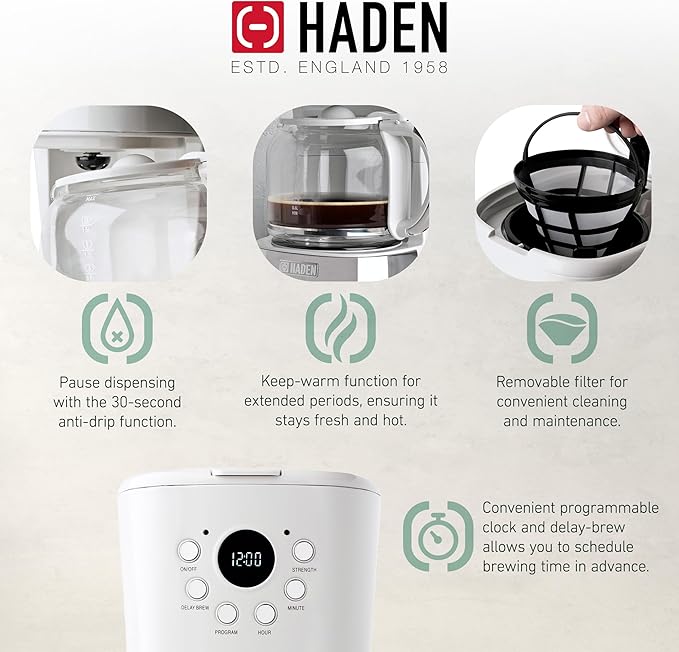 HADEN Coffee Machine, 12 Cup Programmable Drip Coffee Maker, Ivory & Chrome