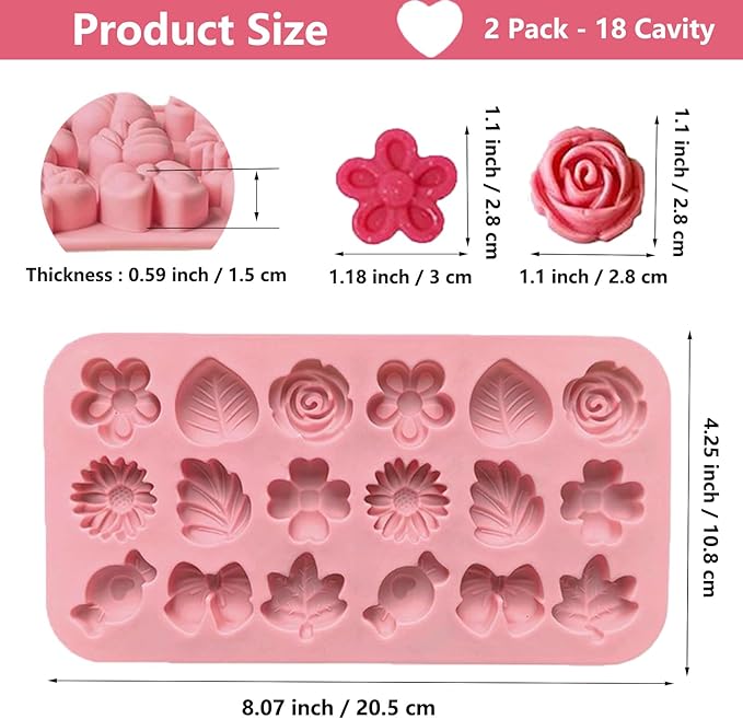 Silicone Molds Candy Flower Shape Chocolate Candy Molds, 18 Cavity Flower Silicone Molds Rose Chocolate Mold Ice Cube Tray for Jello Pudding Candle Soap Wax Melts DIY Crafts 2PCS, Pink