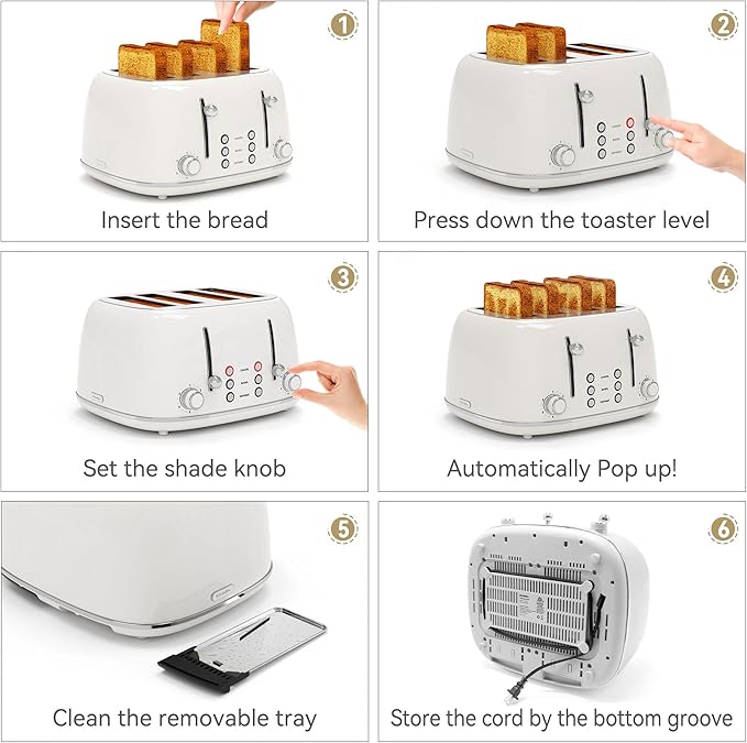 Toaster 4 Slice, Retro Stainless with 6 Bread Shade Settings,1.5''Wide Slots Toaster with Cancel/Defrost/Reheat Functions,Dual Independent Control Panel, Removal Crumb Tray (White)