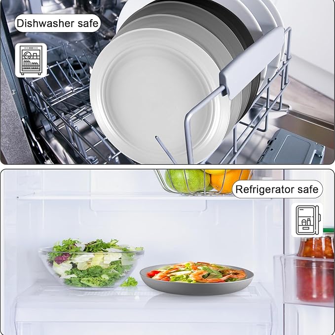 12 Pcs Unbreakable Deep Dinner Plates Set, 10 inch Reusable Plastic Wheat Straw Plates, Microwave and Dishwasher Safe Plate for Kitchen, Lightweight Plate for Dessert, BPA Free, Dark Gray