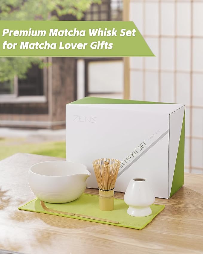 ZENS Matcha Whisk Set, 5pcs Matcha Kit Set Includes Ceramic Bowl, Bamboo Whisk and Chasen Holder, Scoop & Tea Mat，Matcha Tea ceremony Gift for Matcha Lovers, White