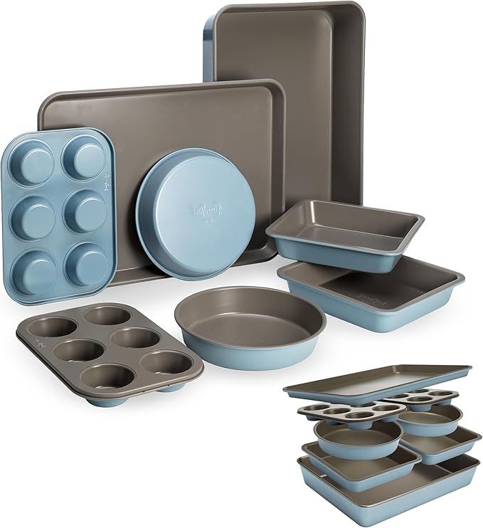 Goodful All-In-One Nonstick Bakeware Set, Stackable and Space Saving Design includes Round and Square Pans, Muffin Pans, Cookie Sheet and Roaster, Dishwasher Safe, 8-Piece, Blue Mist