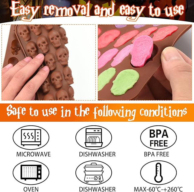 3 Pack Gummy Skull Silicone Candy Molds, Halloween Mini Skull Mold with 3 Droppers Non-stick Candy Molds