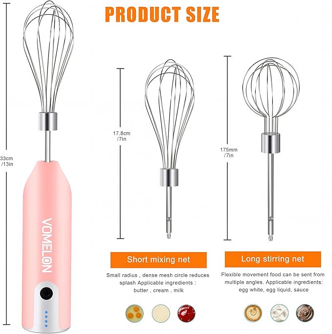 Electric Egg Beater Whisk, USB Charging Mixer, Three-Speed Adjustment, Suitable for Whisking Eggs, Cream, Sauce, Jam Supplements and More, Pink