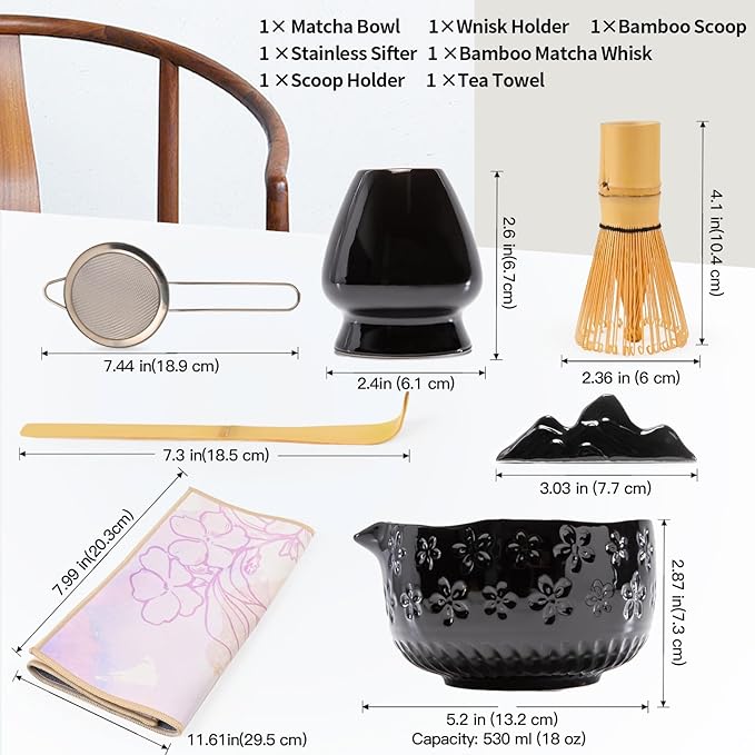 Matcha Whisk Set - Traditional Japanese Handmade Bamboo Matcha Whisk and Holder, Matcha Bowl,Bamboo Scoop, Scoop Rest, Sifter and Tea Towel (Black)