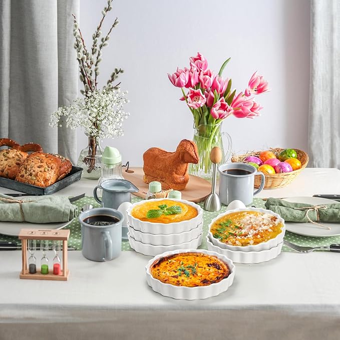 Foraineam 6 Pack 8 Ounce Porcelain Creme Brulee Ramekins Mini Fluted Quiche Dishes, 6 Inch Tart Pan Round Pie Plates for Baking, Dishwasher and Oven Safe