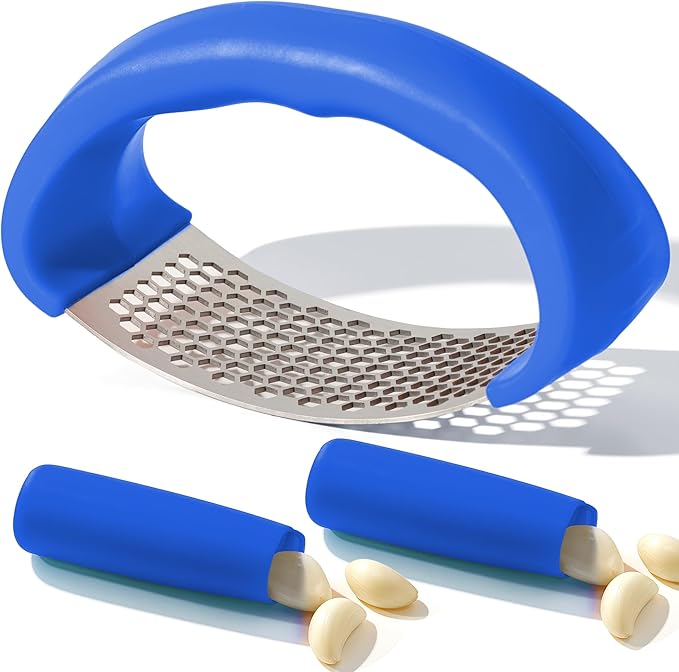 Li&Zhao Stainless Steel Garlic Press Rocker - Garlic Crusher Stainless Steel Garlic Mincer Tool Garlic Rocker with Garlic Peeler Garlic Smasher for Kitchen Cooking(Blue)