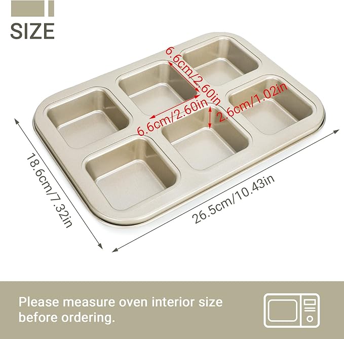 Beasea Mini Brownie Pan, 2 Pack 6 Cavity Gold Square Inidividual Brownie Muffin Cake Cutter Pan Mini Cheesecake Cupcake Bakeware Carbon Steel Brownie Baking Tray Bakeware for Oven Baking