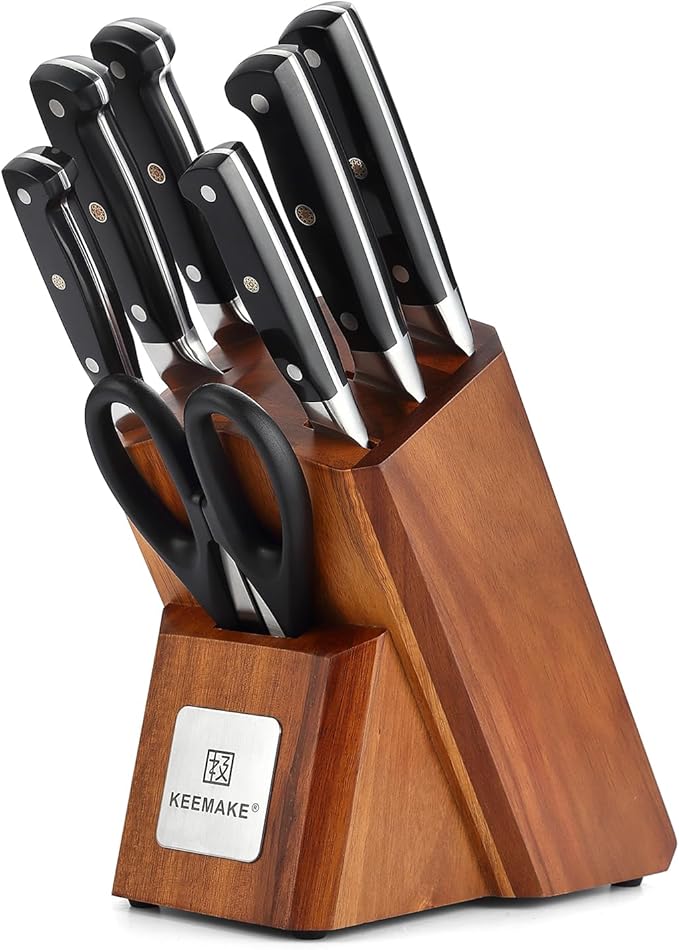 KEEMAKE Kitchen Knife Set with Block, 8Pcs Razor Sharp Chef Knife Set, High Carbon Stainless Steel Knife Block Set with Kitchen Scissors, Cooking Knife Set for Meat Vegetable Fruit