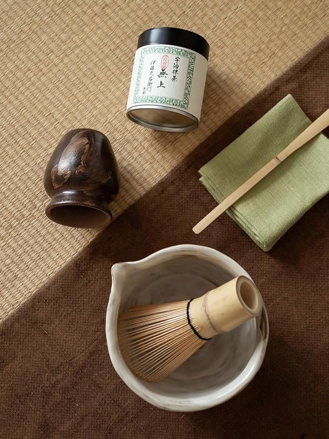 6-pcs Japanese Matcha Whisk Set with Handmade Wabi-Sabi Ceramic Bowl(Chawan),Bamboo Chasen, Whisk Holder, Scoop, Sifter & Tea Towel,Matcha Ceremony Kit,(Silent taupe)