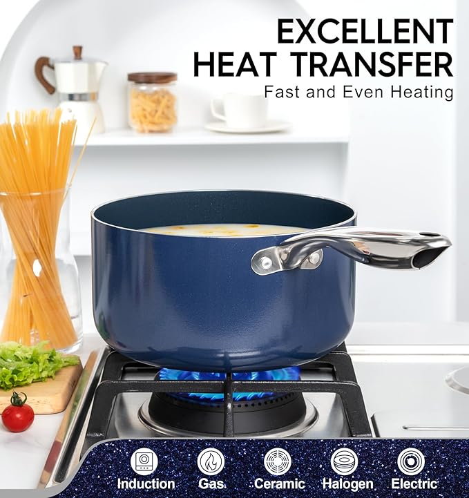 MICHELANGELO 4 Quart Saucepan with Lid, Nonstick Ceramic Sauce Pan with Stainless Steel Handle, 4 Qt Saucepan with Lid Induction Compatible, Oven Safe, Blue