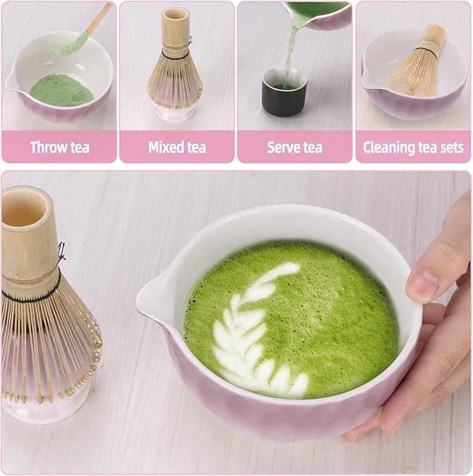 Matcha Whisk Set,4pcs Matcha Set Whisk and Bowl with Spout,Ceramic Matcha Whisk Holder,Scoop(Chashaku),Matcha Kit for Matcha Lovers Kitchen Matcha Accessories,Ideal Gift Christmas(Gradient Purple)
