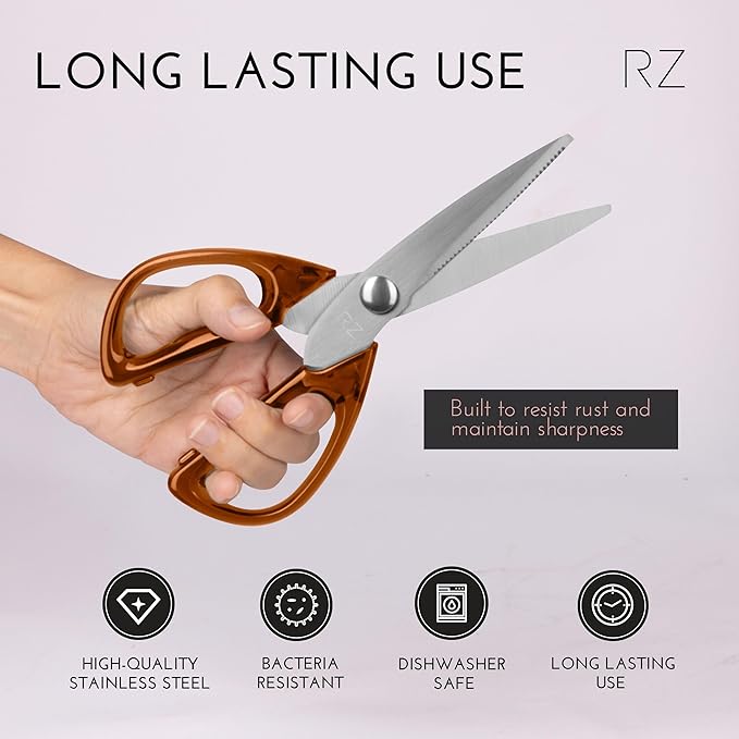 Rachel Zoe Multi-Purpose Kitchen Scissors, Stainless Steel Kitchen Shears with Protective Sheath & Soft Handle Grips, Dishwasher Safe, Vegetables, Fruits & Meat Cutting Scissors (Brown/Silver)