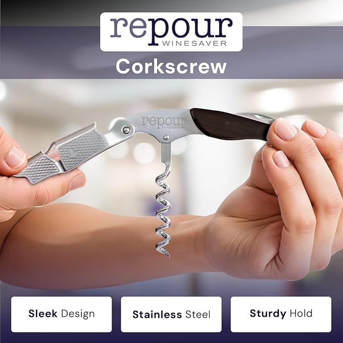 Repour 3 in 1 Corkscrew- Professional Wine Bottle Opener with Serrated Foil Cutter and Bottle Opener- Manual Wine Key for Bartenders, Servers, Waiters, and Wine Enthusiasts (Mahogany)